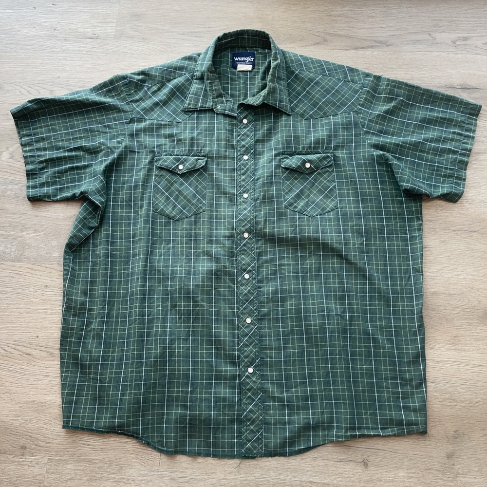 Wrangler Western Shirt Green Plaid Pearl Snap Short Sleeve 3XT Tall